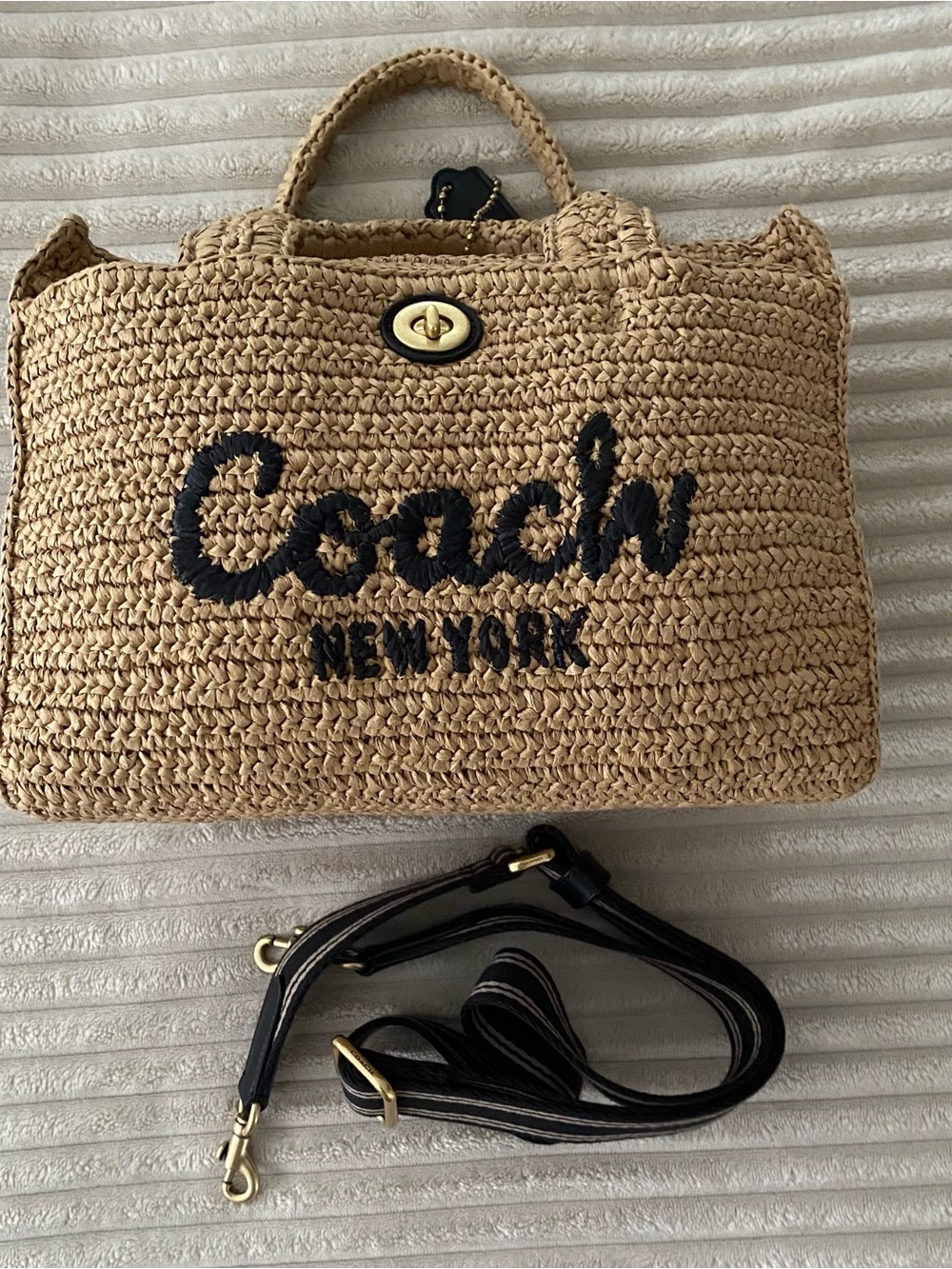 COACH EMBROIDERED STRAW CARGO TOTE